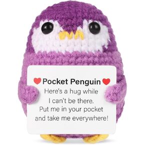 Funny Pocket Penguin Hug, 2.6in Emotional Support Penguin with Card Wool Knitted Crochet Positive Penguin Doll Creative Cheering Gift for Family Friends Encouragement Home Decoration(Purple)
