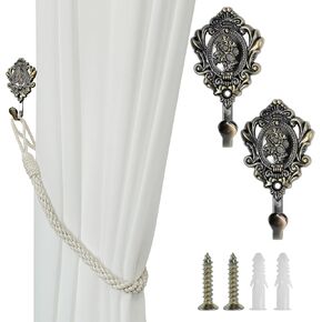 2Pcs Curtain Holdbacks Wall Hanger,Zinc Alloy Curtain Holdbacks, Flower Pattern Carved Vintage Drapery Clothes Key Hook (Bronze)