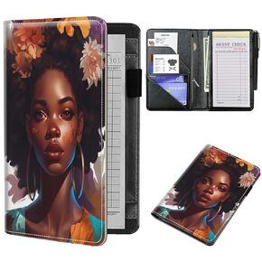 Server Books for Waitress 5 x 7.75 inch Black Server Book with Zipper Pocket and 5 Large Pockets 1 Pen Holder Cute Waitress Book Organizer Fit Server Apron - Dog Flower
