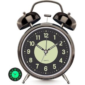 Loud Alarm Clock for Heavy Sleeper, 4 Inches Twin Bell Battery Operated Metal Alarm Clocks with Night Light for Bedrooms, Retro Analog Alarm Clock with luminous dial, Silent Non-Ticking