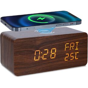 Digital Wooden Alarm Clock with Wireless Charging,Three Levels Brightness,Weekday/Weekend Mode, Snooze,Wood Alarm Clocks for Bedroom, Bedside, Desk(Brown)