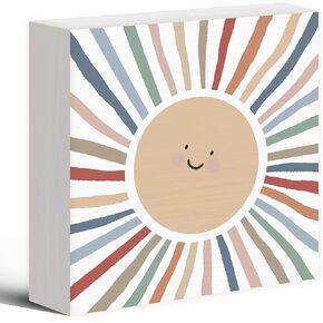 Luipk Inspirational Sun Sunshine Wood Box Sign Desk Decor, Pop Smiles Rustic Farmhouse Wooden Block Sign Decorations for Home Office Girls Dorm Room Nursery Playroom Wall Tabletop Shelf Decor