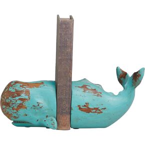 Deco 79 Polystone Whale Distressed Bookends with Brown Wood Inspired Accents, Set of 2 4" W, 4" H, Teal