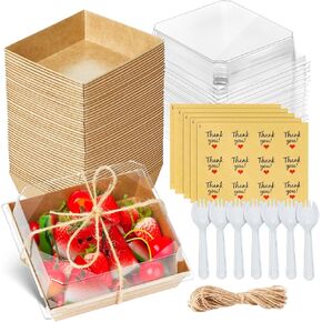 50 Pack Charcuterie Boxes with Clear Lids, 5 Inches Mini Charcuterie Box, Bakery Boxes, Dessert Boxes, Disposable Paper Food Containers with Spoons for Sandwich, Cake Slice, Fruits (Brown)