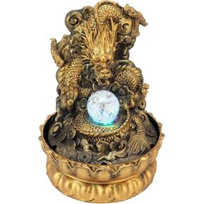 Desktop Fountain Resin Dragon Statue LED Desktop Fountain Family Crea-tive Waterscape Chinese Waterscape Decoration Equipped with Silent Submersible Pump(Yellow)