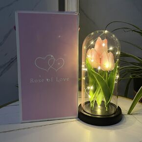 مصباح توليب LED على شكل زهرة صناعية ضوء ليلي مصنوع يدويًا من زهور التوليب في مصباح طاولة بقبة زجاجية لتزيين سطح المكتب - يعمل بالبطارية (الشمبانيا)