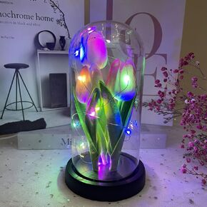 LED Tulip Lamp Artificial Flower Night Light Handmade Light up Tulips in Glass Dome Table Lamp Ornaments Desktop Decor - Battery Operated (Champagne)