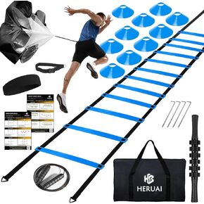 Agility Ladder Speed Training Equipment Set, 20ft Speed Ladder, 10 Speed Cones, Running Parachute, Headbands, Jump Rope, Football Basketball Soccer Training Equipment for Kids Youth Adults