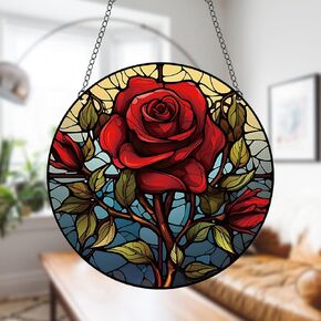 Generic 11.8 Inches Large Red Flowers Acrylic Window Hanging Decor Stained Glass Panels Rose Green leaves Wall Art Mural Suncatcher for Bedroom Garden Wall Decoration Gift for Mom Grandma Teacher