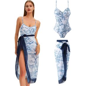 بدلة سباحة نسائية قطعة واحدة مع غطاء ملابس سباحة سارونج للنساء بدلة استحمام مطبوعة مع مجموعة تغطية ملفوفة للتنحيف قطعتين ثوب سباحة أزرق زهري صغير in Kuwait