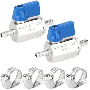 TAISHER 1PCS 304 Stainless Steel 1/2" Mini Ball Valve Shut Off Switch, 1/2" Hose Barb with 2PCS Hose Clamps