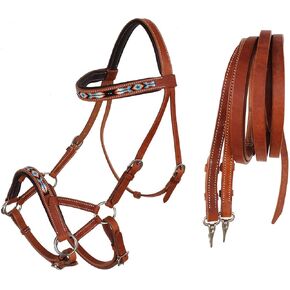 Horse Western Black Leather Bitless Sidepull Beaded Bridle Reins 77RT10