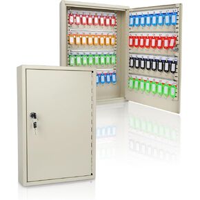 ORIENTOOLS Key Box Steel Key Cabinet Safe، صندوق قفل حامل مفتاح مثبت على الحائط مع علامات المفاتيح، منظم المفاتيح مثالي للمنزل والفنادق والخادمات وتخزين مفاتيح المكتب (64 مفتاحًا، أبيض)