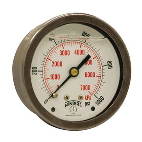Winters PFQ Series Stainless Steel 304 Dual Scale Liquid Filled Pressure Gauge, 0-1000 psi/kpa, 2" Dial Display, +/-2.5% Accuracy, 1/4" NPT Back Mount