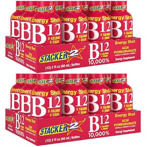 Stacker 2 Vitamin B Complex B12 B6 B3 Liquid Energy Shots - Vegansafe & Vegan Cyanocobalamin, 10,000% DRV - B-6 Pyridoxine 40mg - B3 Niacinamide (Niacin) 20mg Bundle Pack (2oz, Pack of 24)