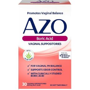 AZO Boric Acid Vaginal Suppositories, Helps Support Odor Control and Balance Vaginal PH with Clinically Studied Boric Acid, Non-GMO, 30 Count