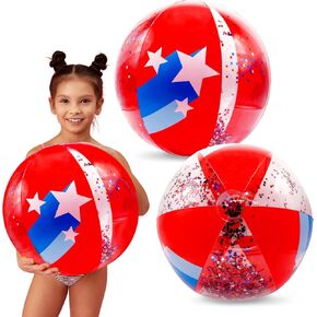 4E's Novelty 22" Patriotic Beach Balls - 2 Pack with Glitter Inside, Red White Blue Beach Balls for Kids & Adult, 4th of July Party Decorations, Patriotic Pool Floats Toys Games