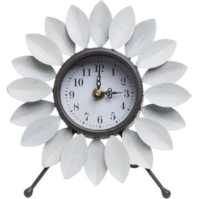 White Distressed Metal Flower Battery Operated Table Clock