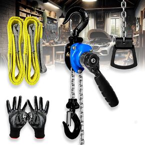 3/4 Ton Lever Chain Hoist w/ 2 Lift Sling Straps and Gloves - 1650LBS Chain Come Along 10Ft Lift, for Garage, Open-Air and Unpowered Operations