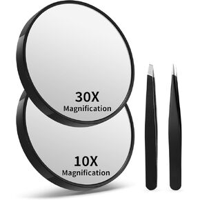 10X&30X Magnifying Mirrors with Suction Cups and 2 Tweezers Set，3.5 inches Magnified Makeup Mirror, Black, 2PCS
