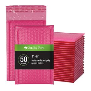 Quality Park Bubble Mailers, 4 x 8 Shipping Envelopes, Self-Seal, Small Pink Padded Envelopes, Redi-Strip Peel Off Closure, 50 Per Box (QUA85917)