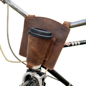 Hide & Ride, Bike Handlebar Cup Holder Handmade from Full Grain Leather - Beverage Pouch for Commuters, Minimalist Bikers, Cyclers, Urban Nomad - Bourbon Brown
