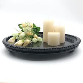 Round Wood Decorative Tray, Small Beaded Tray for Dresser Coffee Table Kitchen Corner Dinning Table, Modern Round Wooden Tray for Centerpiece (Gray, 13.4''X13.4'')