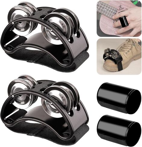 2 Set Foot Tambourine Shaker & Rhythm Finger Shaker with Elastic Strap, Percussion Musical Instrument Set for Ukulele Guitar Drum Mandolin Banjo Playing (Black) in Saudi Arabia
