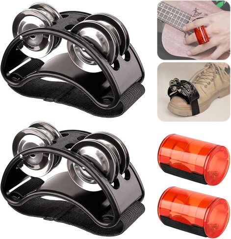 2 Set Foot Tambourine Shaker & Rhythm Finger Shaker with Elastic Strap, Percussion Musical Instrument Set for Ukulele Guitar Drum Mandolin Banjo Playing (Black) in Saudi Arabia