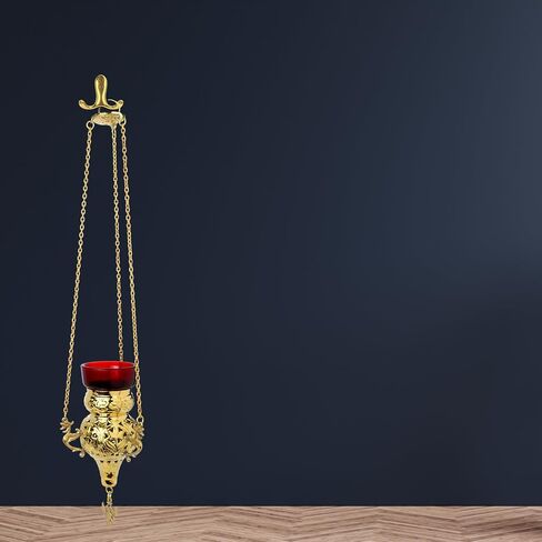 Needzo Brass Sanctuary Lamp with Red Glass, Religious Hanging Votive Holder for Church or Home Altar, 16 Inch Chain with 9 Inch Candle Base in Saudi Arabia
