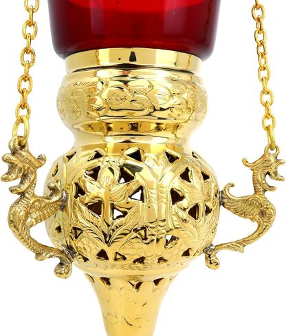 Needzo Brass Sanctuary Lamp with Red Glass, Religious Hanging Votive Holder for Church or Home Altar, 16 Inch Chain with 9 Inch Candle Base in Saudi Arabia