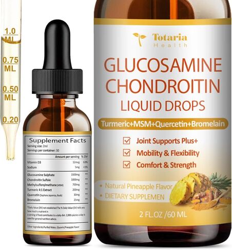 Glucosamine Chondroitin Liquid Drops - Glucosamine Chondroitin MSM, Turmeric, Quercetin, Bromelain Supplement Extra Strength - Joint Support Immune Nutritional Supplements for Man & Woman in Kuwait