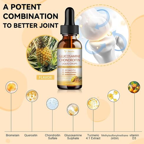 Glucosamine Chondroitin Liquid Drops - Glucosamine Chondroitin MSM, Turmeric, Quercetin, Bromelain Supplement Extra Strength - Joint Support Immune Nutritional Supplements for Man & Woman in Kuwait
