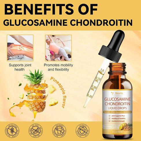 Glucosamine Chondroitin Liquid Drops - Glucosamine Chondroitin MSM, Turmeric, Quercetin, Bromelain Supplement Extra Strength - Joint Support Immune Nutritional Supplements for Man & Woman in Kuwait