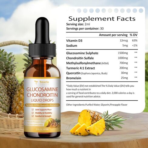 Glucosamine Chondroitin Liquid Drops - Glucosamine Chondroitin MSM, Turmeric, Quercetin, Bromelain Supplement Extra Strength - Joint Support Immune Nutritional Supplements for Man & Woman in Kuwait