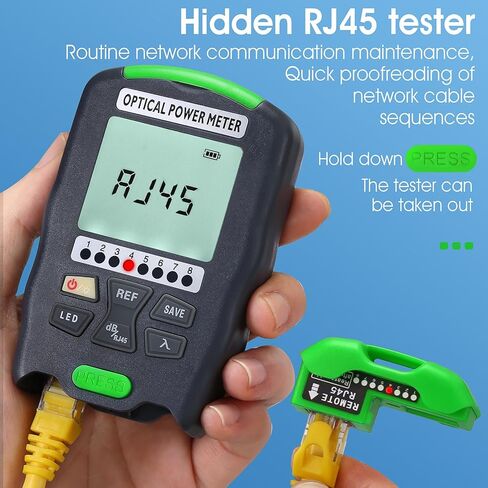 مقياس طاقة الألياف الضوئية A-D5 باللون الأخضر 3 في 1 مع اختبار شبكة RJ45 وأداة اختبار كابلات الألياف الضوئية الخفيفة LED SC/FC/ST واجهة عالمية OPM-50~+26dbm مع محول LC ​​10 أطوال موجية in Kuwait