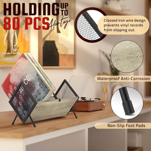 Vinyl Record Storage Holder, 80-100 LP Vinyl Record Storage Rack Display Quick Assembly Retro Style Organizer for Magazine Book Files Albums (Brown) in Saudi Arabia