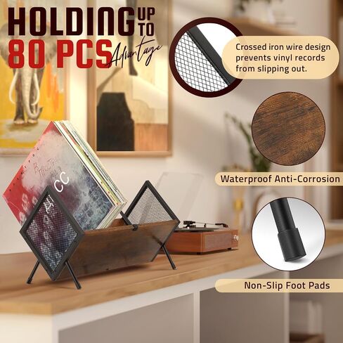 Vinyl Record Storage Holder, 80-100 LP Vinyl Record Storage Rack Display Quick Assembly Retro Style Organizer for Magazine Book Files Albums (Brown) in Saudi Arabia