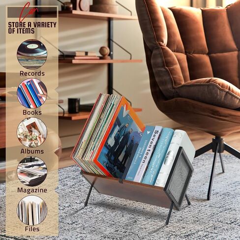 Vinyl Record Storage Holder, 80-100 LP Vinyl Record Storage Rack Display Quick Assembly Retro Style Organizer for Magazine Book Files Albums (Brown) in Saudi Arabia
