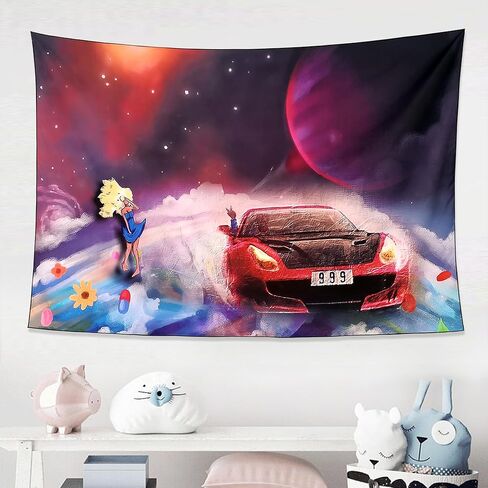 ملصق جمالي مضحك من نسيج Trippy Red Car Singer معلق على الحائط لديكور غرفة المعيشة in Kuwait