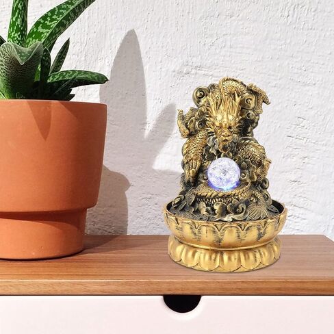 Desktop Fountain Resin Dragon Statue LED Desktop Fountain Family Crea-tive Waterscape Chinese Waterscape Decoration Equipped with Silent Submersible Pump(Yellow) in Saudi Arabia
