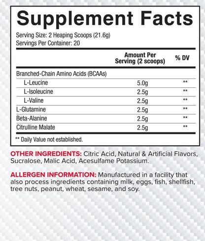 Core Nutritionals Platinum ABC Advanced Intra-Workout BCAA Supplement with 2.5 G Glutamine, Beta Alanine, Citrulline Malate, 20 Servings (Lemon Drop) in Saudi Arabia