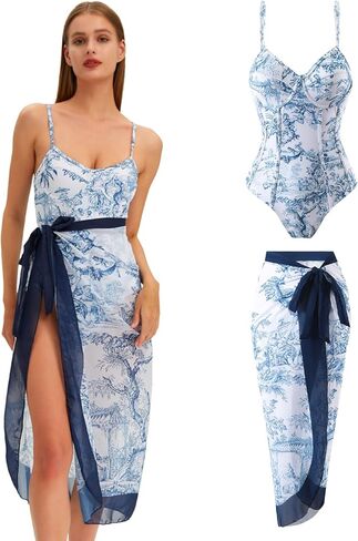 بدلة سباحة نسائية قطعة واحدة مع غطاء ملابس سباحة سارونج للنساء بدلة استحمام مطبوعة مع مجموعة تغطية ملفوفة للتنحيف قطعتين ثوب سباحة أزرق زهري صغير in Kuwait