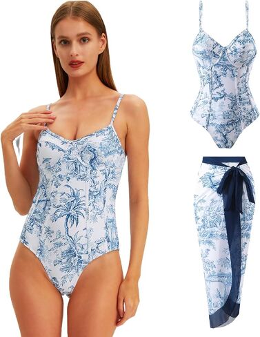 بدلة سباحة نسائية قطعة واحدة مع غطاء ملابس سباحة سارونج للنساء بدلة استحمام مطبوعة مع مجموعة تغطية ملفوفة للتنحيف قطعتين ثوب سباحة أزرق زهري صغير in Kuwait