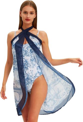 بدلة سباحة نسائية قطعة واحدة مع غطاء ملابس سباحة سارونج للنساء بدلة استحمام مطبوعة مع مجموعة تغطية ملفوفة للتنحيف قطعتين ثوب سباحة أزرق زهري صغير in Kuwait
