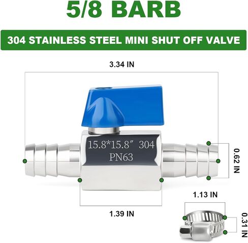 TAISHER 1PCS 304 Stainless Steel 1/2" Mini Ball Valve Shut Off Switch, 1/2" Hose Barb with 2PCS Hose Clamps in Saudi Arabia