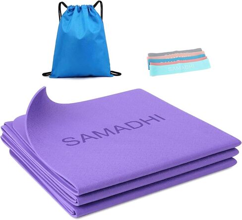 SAMADHI Folding Travel Yoga Mat Set, with Resistance Bands and Storage Bag. for Yoga, Pilates and Fitness. non-slip, Lightweigh and Convenient packaging. in Saudi Arabia