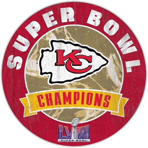 Super Bowl LVIII Football Champions Kansas City Chiefs 2024 Classic Wall Sign- 12" Round Rustic Wooden Sign - Ideal for Man Cave, Game Room, Dorm or Home Decor by Fan Creations - USA Made in Saudi Arabia