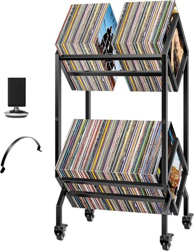 رف تخزين تسجيلات الفينيل من VIVOHOME، منظم تسجيل بطبقتين 100-200 LP حامل عرض حامل للألبومات والمجلات والكتب وملفات المكتب مع عجلة in Saudi Arabia