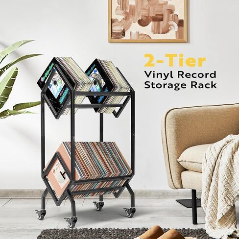رف تخزين تسجيلات الفينيل من VIVOHOME، منظم تسجيل بطبقتين 100-200 LP حامل عرض حامل للألبومات والمجلات والكتب وملفات المكتب مع عجلة in Saudi Arabia